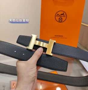 Hermes H Buckle Leather Belt Black