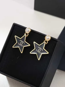 Chanel CC Black Star Hoop Earrings