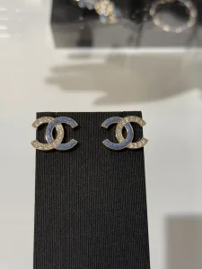 Chanel Crystal CC Studs Earrings Blue