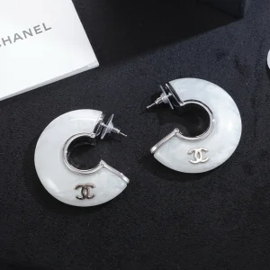 Chanel CC White Pearly Hoop Earrings