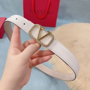 Valentino Crystal Vlogo Leather Belt White 30MM 