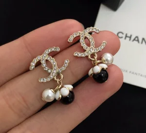 Chanel Vintage Crystals CC Logo Pearls Earrings 