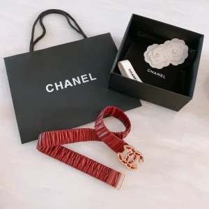Luxury Womens Belts Chanel CC Logo Ruched Leather Belt in Red A191PP240 AA168180