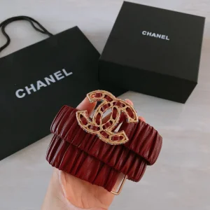 Luxury Womens Belts Chanel CC Logo Ruched Leather Belt in Red A191PP240 AA168180