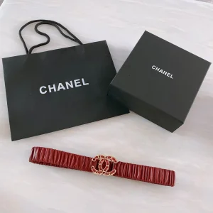 Chanel CC Logo Ruched Leather Belt Red 