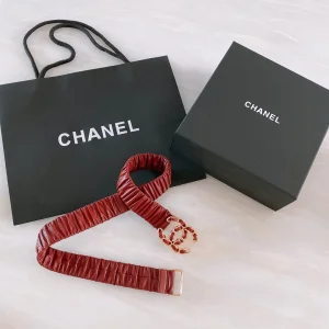 Luxury Womens Belts Chanel CC Logo Ruched Leather Belt in Red A191PP240 AA168181