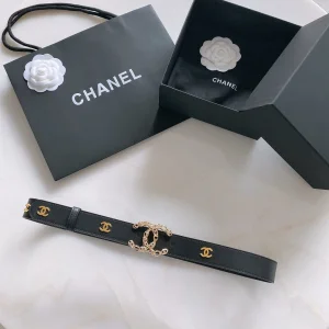 Chanel Vintage CC Logo Leather Belt Black 30MM 