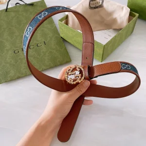 Gucci Blue GG Denim Leather Belt Brown 30MM 