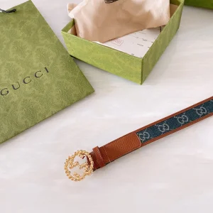 Luxury Womens Belts Gucci Blue GG Denim Leather Belt in Brown 30MM A191PP240 AA168177