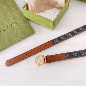 Luxury Womens Belts Gucci Blue GG Denim Leather Belt in Brown 30MM A191PP240 AA168177