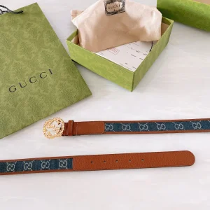 Luxury Womens Belts Gucci Blue GG Denim Leather Belt in Brown 30MM A191PP240 AA168177