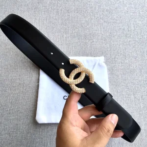 Chanel Gold Crystals CC Leather Belt Black 30MM 