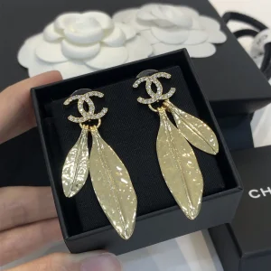 Chanel Gold Crystals CC Leaf Earrings 