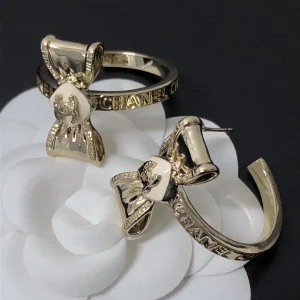 Chanel Gold CC Bowknot Hoop Earrings 
