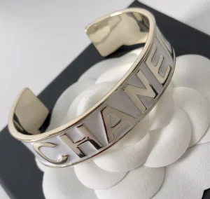 Replica Womens Jewelry Chanel Monogram Logo Open Cut Bracelet White A39PP160 AA181427