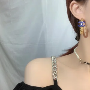 Replica Womens Jewelry Chanel Gold Blue CC Earrings AB8368 A39PP130 AA182480