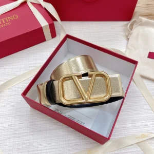 Replica Womens Belts Valentino Vlogo Leather Belt in Gold Black 40MM A175PP240 AA183350