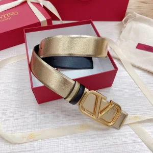 Replica Womens Belts Valentino Vlogo Leather Belt in Gold Black 40MM A175PP240 AA183350