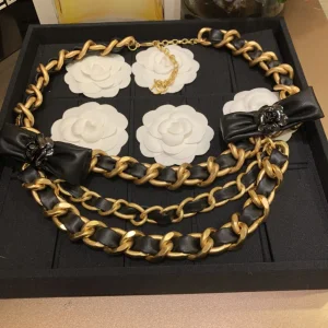 Replica Womens Belts Chanel Black Bow Leather Chain Belt A152PP380 AA183342