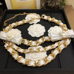 Replica Womens Belts Chanel White Bow Leather Chain Belt A152PP380 AA183341