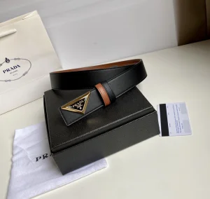 Replica Womens Belts Prada Triangle Logo Black Leather Belt 35MM A175PP240 AA183791