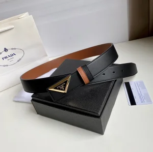 Replica Womens Belts Prada Triangle Logo Black Leather Belt 35MM A175PP240 AA183791