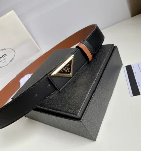 Replica Womens Belts Prada Triangle Logo Black Leather Belt 35MM A175PP240 AA183791