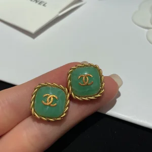 Chanel CC Logo Green Earrings 