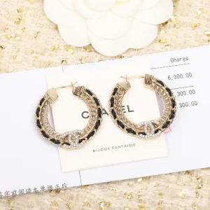 Chanel Crystal CC Gold Chain Leather Earrings 