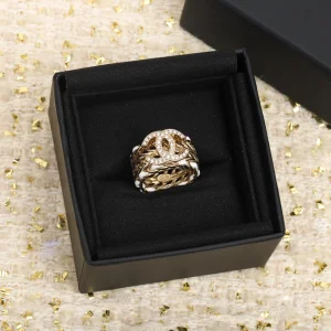 Replica Womens Jewelry Chanel Crystal CC Gold Chain Leather Rings A152PP180 AA185603