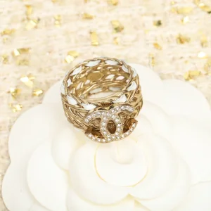 Replica Womens Jewelry Chanel Crystal CC Gold Chain Leather Rings A152PP180 AA185603