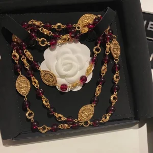Chanel Vintage Red Pearls Long Necklace