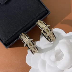Chanel Crystal CC Black Leather Chain Earrings 