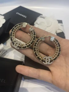 Chanel Crystal CC Round Leather Chain Earrings 