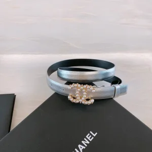 Chanel Pearls CC Logo Silver Leather Belt 20MM 