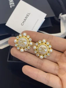 Chanel Crystals CC Logo Round Earrings 