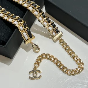 Replica Womens Belts Chanel Gold Black Chain Leather Belt AB8597 A62PP280 AA189574