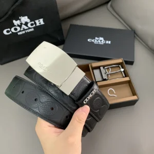 Replica Mens Belts Coach Signature Leather Belt in Black 38MM A175PP280 AA190293