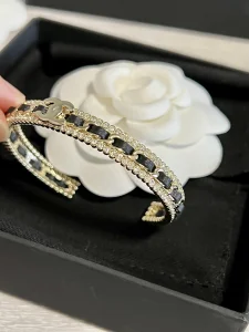 Replica Womens Jewelry Chanel Gold CC Chain Leather Cuff Bracelets A152PP180 AA190283