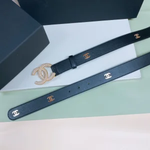 Essenceofluxury Womens Belts Chanel Pearl CC Logo Black Leather Belt 30MM A175PP240 AA191626