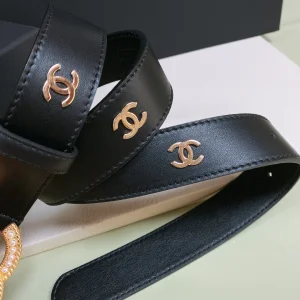 Essenceofluxury Womens Belts Chanel Pearl CC Logo Black Leather Belt 30MM A175PP240 AA191626