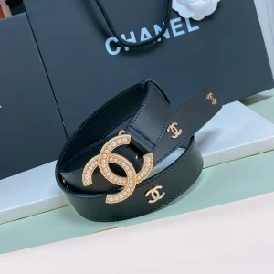 Essenceofluxury Womens Belts Chanel Pearl CC Logo Black Leather Belt 30MM A175PP240 AA191626