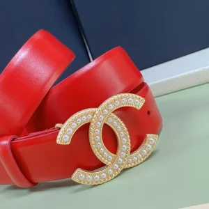 Essenceofluxury Womens Belts Chanel Pearl CC Logo Red Leather Belt 30MM A175PP240 AA191622