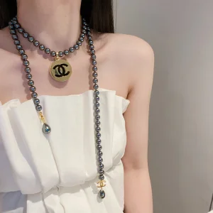 Essenceofluxury Womens Jewelry Chanel Long Pearls Necklace Gray A39PP280 AA193215