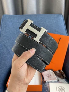 Hermes H Belt Buckle Black Calfskin Leather 38MM 