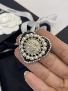 Chanel Crystals CC Logo Pearls Heart Brooch 