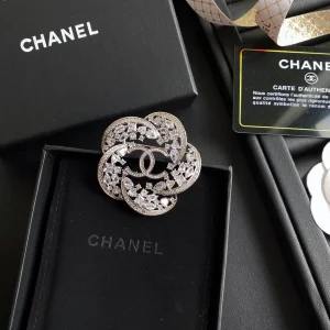 Chanel Crystals CC Logo Flower Brooch 