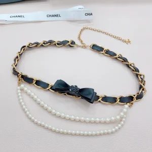 Chanel Bownot Pearls Chain Leather Belt Black 