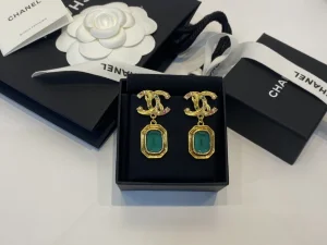 Essenceofluxury Womens Jewelry Chanel CC Logo Pendant Earrings Gold Green A39PP180 AA196711