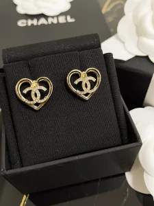 Chanel Crystals CC Logo Gold Heart Earrings 
